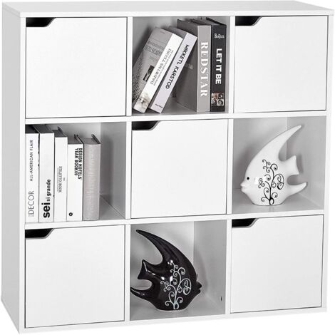 Meerveil Bücherschrank, Bücherregal, Aufbewahrungsregal, 9 Fächer mit 5 Türen, Vielschichtiges Regal aus Holz, moderner Stil, Weiß