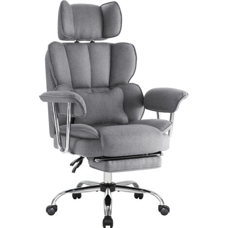 IWMH Bürostuhl mit hoher Rückenlehne und Lendenkissen, Ergonomisch Chefsessel mit ausziehbarer Fußstütze, Höhenverstellbar Drehstuhl - Stoff - Grau