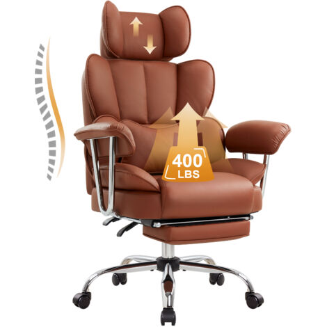 IWMH office chair with high backrest and lumbar cushion, ergonomic executive chair with extendable footrest, height-adjustable swivel chair - PU leather - brown
