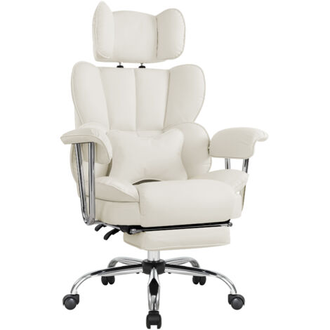 IWMH office chair with high backrest and lumbar cushion, ergonomic executive chair with pull-out footrest, height-adjustable swivel chair - PU leather - white