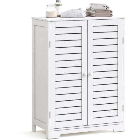 Bathroom Floor Cabinet with 2 Louver Doors and 2 Adjustable Shelves, Freestanding Storage Unit for Bathroom Kitchen Bedroom Hallway, 59x30x85 cm, White, Mondeer