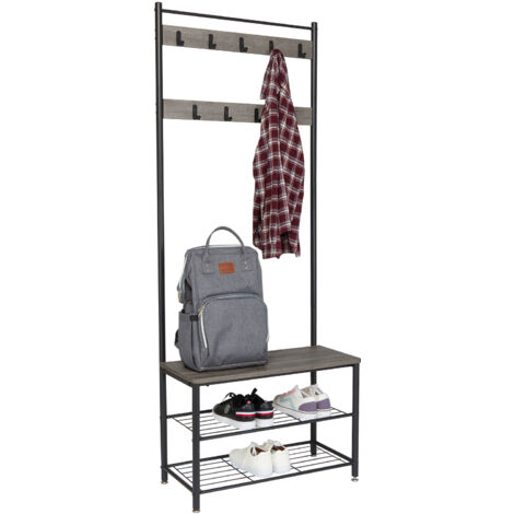 Coat Stand with Bench & Shelves, Entryway Organiser Industrial Style, 70x32x175cm, Warm Grey Wood Grain，Mondeer