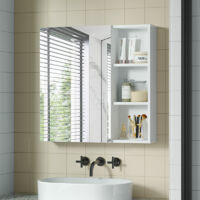 Bathroom Mirror Cabinet with Stainless Steel Hooks - Space-Saving, Adjustable Shelves & Modern Handle-Free Design, 65x15x65cm, White,Mondeer
