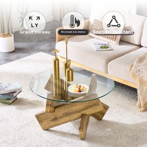 Table Basse Ronde Plateau Verre – Piètement Bois Bleu Et Pingouins – Moderne