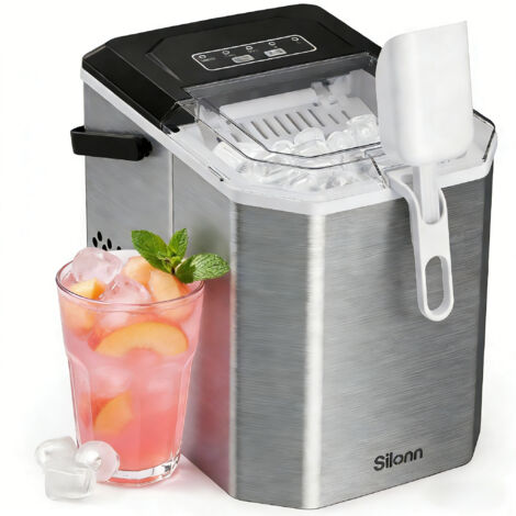 Silonn Machine à Glaçons 12kg/24h - Silencieuse, Autonettoyante et Portable Avec Pelle à Glaçons - Pour Maison, Cuisine, Camping