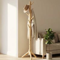 Porte-manteau autoportant robuste, naturel, 3 sections réglables et 8 crochets, portant en bois pour vêtements et chapeaux