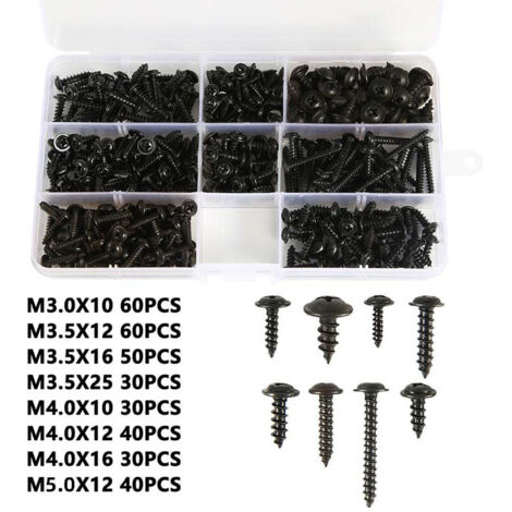 Surtido de 340 tornillos autorroscantes M3, M3.5, M4 y M4.8, cilíndricos, negros, para chapa metálica. Tornillos autoperforantes de alta calidad, duraderos, con revestimiento de zinc negro y práctico (1/5)