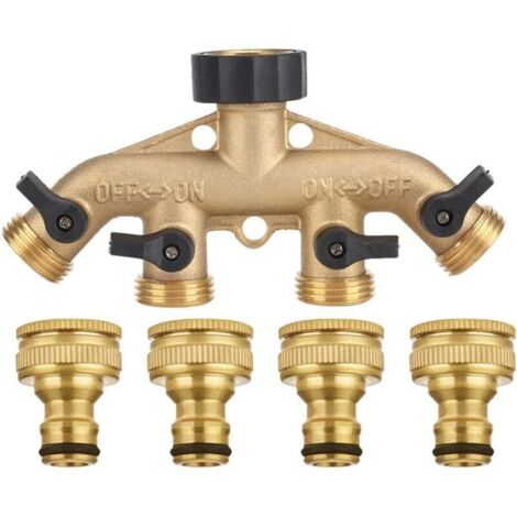 Divisor de manguera de 4 vías de latón macizo – Válvulas de cierre – Rosca de 3/4" – Para un riego eficiente con hasta 4 mangueras (1/5)