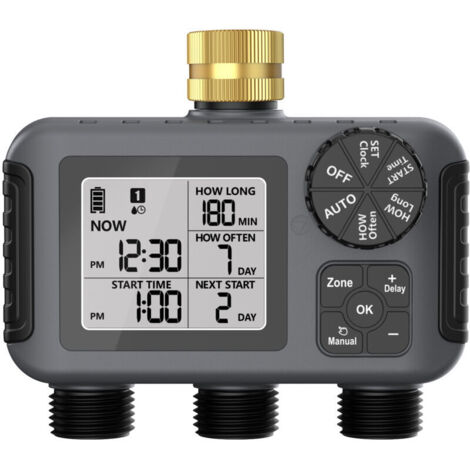 Temporizador de riego programable de 3 vías – Funciona con 2 pilas AA – Presión de 0,05 a 0,8 MPa – Retraso por lluvia para jardín