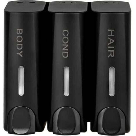 Dispensador de jabón de 3 compartimentos para gel de ducha, champú y acondicionador, montaje en pared, negro mate. (1/5)