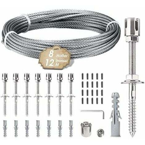 Soporte para plantas trepadoras, kit de suspensión con cuerda de acero inoxidable de 12 m con cable de acero inoxidable de 3 mm y 8 tensores para jardín/pared de hormigón/cable de valla/madera maciza 