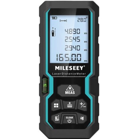 Telémetro láser de 50 m con control electrónico de nivel, selector de unidades metro/pulgada/pie y modo pitagórico.