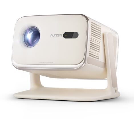 Aurzen BOOM Mini Vidéoprojecteur Intelligent Google TV Netflix, 4K Compatible, Dolby Audio, Autofocus et Correction Trapézoïdale, Beige