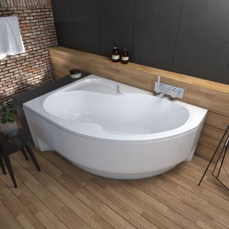 ECOLAM Badewanne WELA 150x100 cm links mit Antirusch + Schürze Verkleidung Eckbadewanne Acrylwanne weiß glänzend
