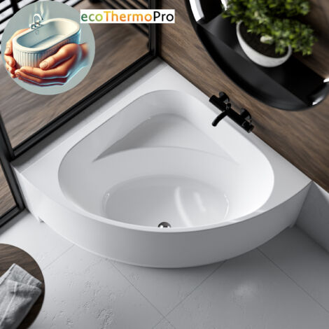 ECOLAM Badewanne Thermobadewanne Dina 140x140 cm Eckbadewanne Komplettset Schürze Wanne mit Isolierung ecoThermoPro Wärmeschutz Acryl Ablaufgarnitur Füße Silikon weiß