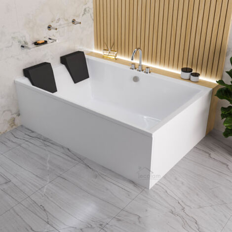 ECOLAM Badewanne Crown 190 x 120 cm Schürze + 2 schwarze Kissen Komplettset Duowanne Doppelbadewanne große Wanne für zwei Personen Rechteck Acrylwanne weiß Acrylverkleidung Ablaufgarnitur Füße Silikon
