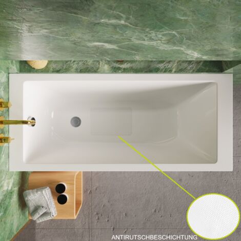 ECOLAM Badewanne Tami 170 x 70 cm Antirutschoberfläche Rechteck Acrylwanne weiß glänzend Ablaufgarnitur Ab- und Überlauf Füße Silikon rutschfeste Wanne