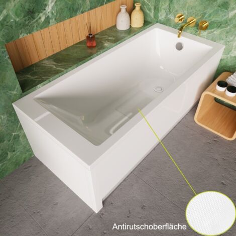 ECOLAM Badewanne Tami 150 x 70 cm Antirutschoberfläche + Schürze Acrylverkleidung Rechteck Acrylwanne weiß glänzend Ablaufgarnitur Ab- und Überlauf Füße Silikon