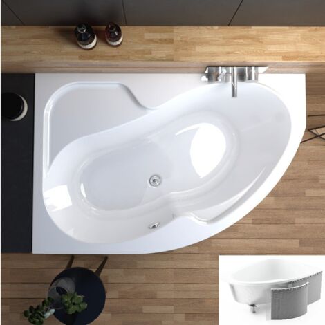 ECOLAM Badewanne WELA 150x100 cm links mit Antirusch + Styropor Verkleidung direkt verfliesbar Eckbadewanne Acrylwanne Ablaufgarnitur Ab- und Überlauf Füße Silikon