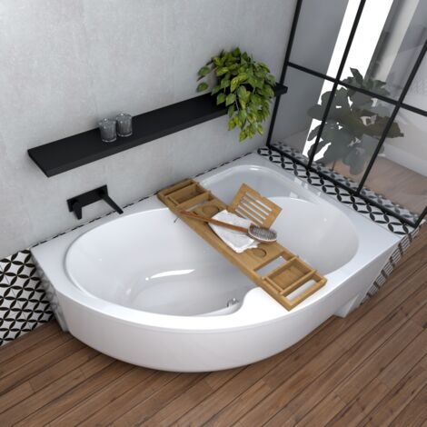 ECOLAM Badewanne WELA 150x100 cm rechts mit Antirusch + Acrylschürze + Bambus Ablage Eckbadewanne Acrylwanne weiß glänzend