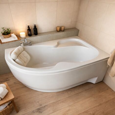 ECOLAM Badewanne WELA 170x100 cm rechts mit Antirusch + Acrylschürze + Kopfkissen Sole Eckbadewanne Acrylwanne weiß glänzend