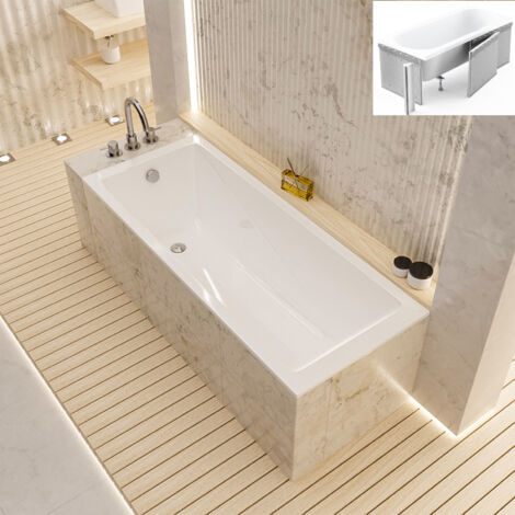 ECOLAM Badewanne Wave 180 x 80 cm + Styroporverkleidung zum Befliesen Wanne Rechteckbadewanne Set Acrylwanne Ablaufgarnitur Füße Silikon