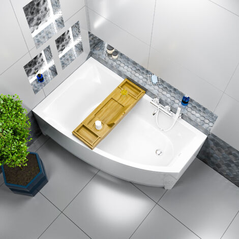 ECOLAM Badewanne HELA 150x90 cm links + Acrylschürze + Bambus Ablage Eckbadewanne Acrylwanne