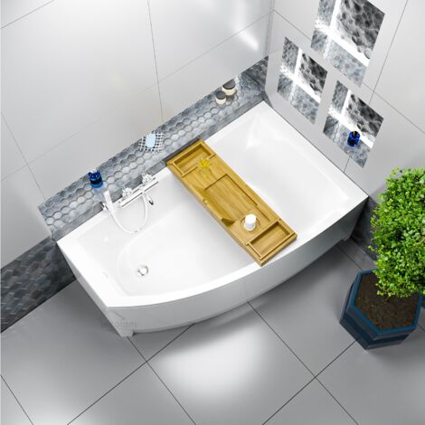 ECOLAM Badewanne HELA 150x90 cm rechts + Acrylschürze + Bambus Ablage Eckbadewanne Acrylwanne