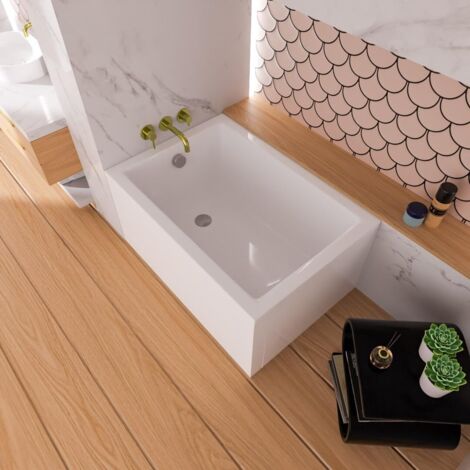 ECOLAM Badewanne Marella 100x70 cm + Schürze raumsparend kleine moderne Wanne Rechteck Top QUALITÄT Acrylwanne I Komplett Set Ablauf Füße Silikon Design