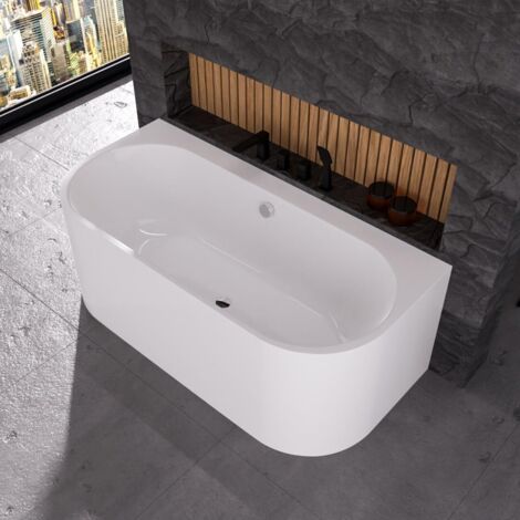 ECOLAM Vorwandbadewanne halb freistehende Badewanne 170x75 cm Vigoo Wall Siphon Click Clack chrom I moderne Wandbadewanne Wanne Top QUALITÄT Acrylwanne I Wandmontage Komplett Set