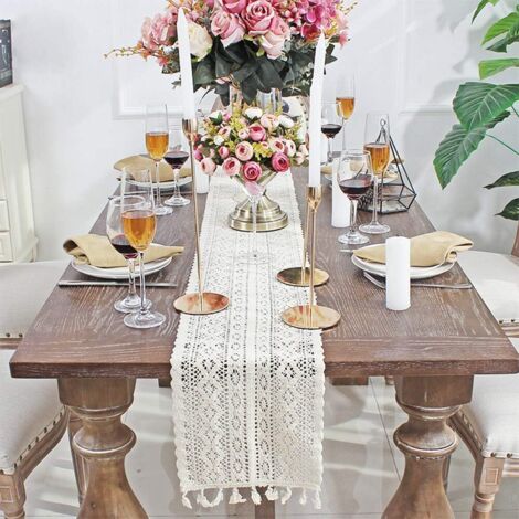 Chemin De Table Macramé Beige 24x180cm - Vintage Bohème Avec Pompons