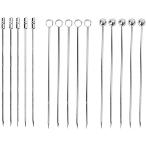 Ensemble de 15 pièces pour cocktails avec pics à cocktail en acier inoxydable, brochettes à fruits, 3 formes pour la décoration, idéal pour les fruits fermes