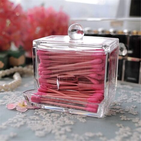 FSSTUD Distributeur Coton-Tiges 2 Niveaux Bois & Acrylique – Pot Rangement Salle De Bain Carré Transparent