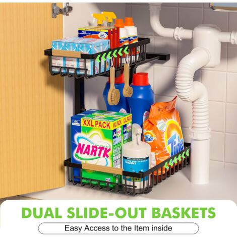 Organisateur Sous Évier 2 Niveaux En L – Étagère Coulissante Ajustable 35,5-43,5 Cm, Acier Renforcé, Rangement Cuisine Salle De Bain Buanderie