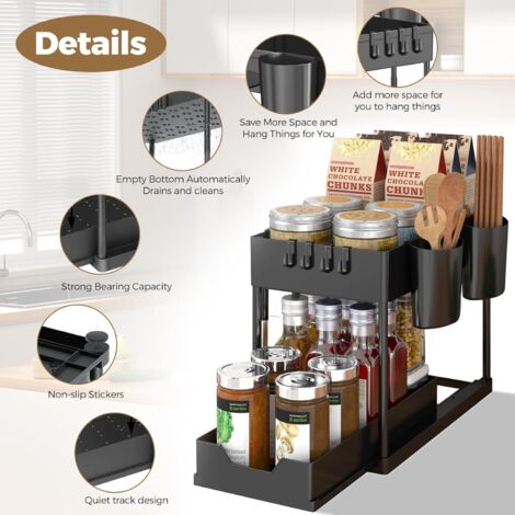 Rangement Sous Evier 2 Niveaux, Coulissant Organiseur Sous Évier Etagere Tiroir Avec 4 Patères Rangement Sous Evier 2 Niveaux, Coulissant Organiseur Sous Évier Etagere Tiroir Avec 4 Patères