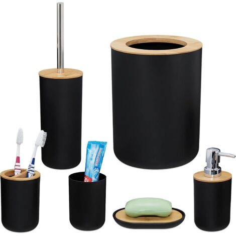 Kit 6 Accessoires De Salle De Bain En Bambou – Couleurs Noir Et Beige, Naturel Et Design