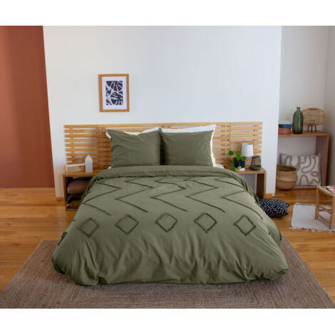 Parure de lit KAYL – 240x220 cm – Coton BCI lavé tufté – 52 fils/cm² – Kaki - 220x240cm - Vert kaki