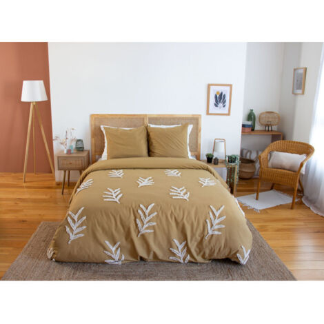 Parure de lit coton lavé tuftée feuilles Beige 240x220 cm