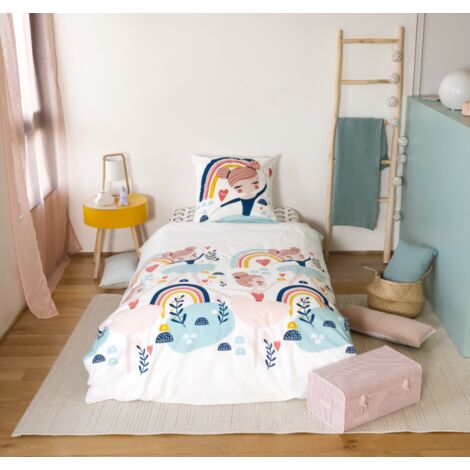 Parure de lit Enfant Réversible Licorne et Danseuse Rose Housse de Couette 140x200cm + 1 taie d'oreiller 63x53cm 100% Coton Bio