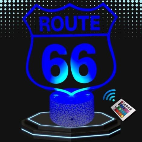 Lampe de Chevet 3D LED Route 66, Veilleuse changement de Couleurs, LampeTactile Bureau et Chambre, Moto états unis (1/4)
