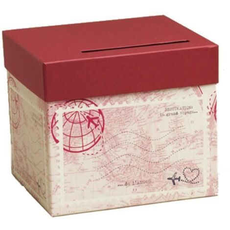 Urne carton mariage - Voyage - Ivoire et bordeaux - Décoration voyage - 23x20,5x20,5 cm