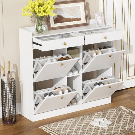 Armoire à chaussures blanche avec 4 portes, 2 tiroirs et 3 étagères ouvertes, dimensions 110x26x100 cm (1/5)