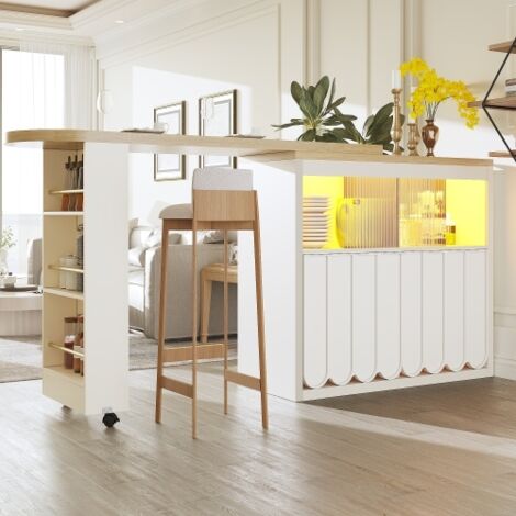 Tanant – Meuble bar extensible 138-204 cm avec rangement – Éclairage LED intégré – Compartiments ouverts – Design moderne blanc Tanant – Meuble bar extensible 138-204 cm avec rangement – Éclairage LED intégré – Compartiments ouverts – Design moderne blanc