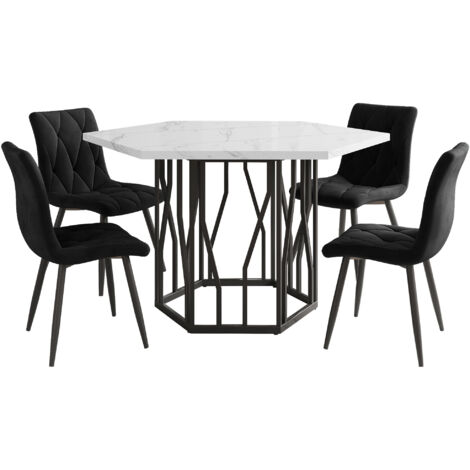 Set de table à manger et chaises (5 pièces), table hexagonale en marbre moderne noir et blanc + 4 chaises en velours noir, pour un restaurant élégant et moderne (1/5)