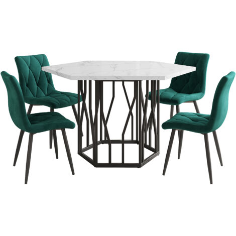 Set de table à manger et chaises (5 pièces), table hexagonale en marbre moderne noir et blanc + 4 chaises en velours vert, pour une salle à manger moderne et chaleureuse (1/5)