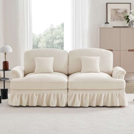 Canapé 2 places moderne blanc, accoudoirs évasés, tissu chenille, pieds en bois (1/5)
