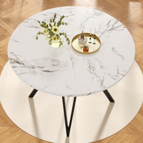 Table à manger ronde 100x100 cm avec plateau en MDF marbré et pieds en métal, pour 4 personnes, noire, idéale pour salle à manger et salon (1/5)