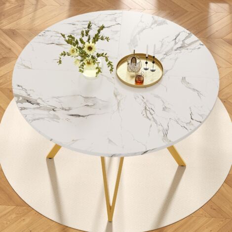 Table Ronde à Manger 100×100×76 cm pour 4 Personnes avec Plateau MDF Marbre et Pieds Métal Doré (1/5)