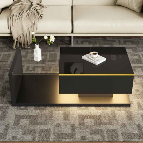 Table basse 100 cm en laque noire brillante avec effet LED, table d'appoint en verre (1/5)