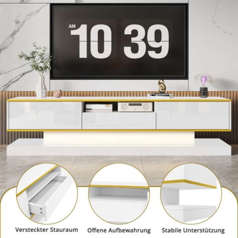 Meuble TV moderne avec trois tiroirs et un compartiment ouvert, finition haute brillance, LED à changement de couleur-Blanc (1/5)